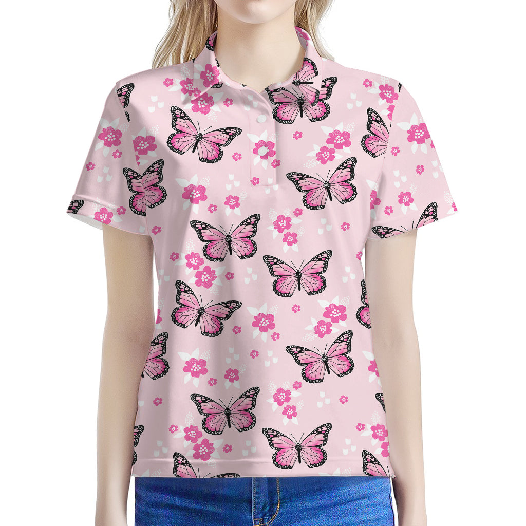 Pink Monarch Butterfly Pattern Print Women's Polo Shirt