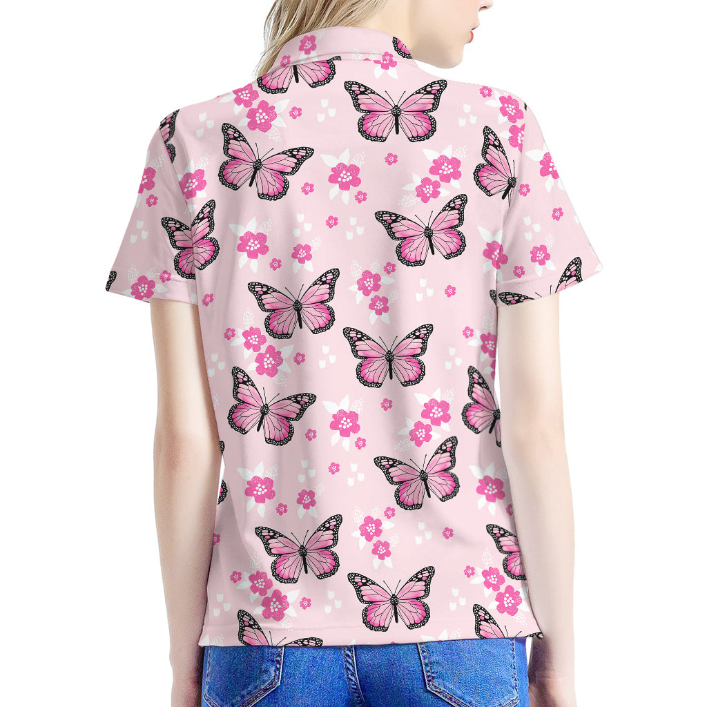 Pink Monarch Butterfly Pattern Print Women's Polo Shirt