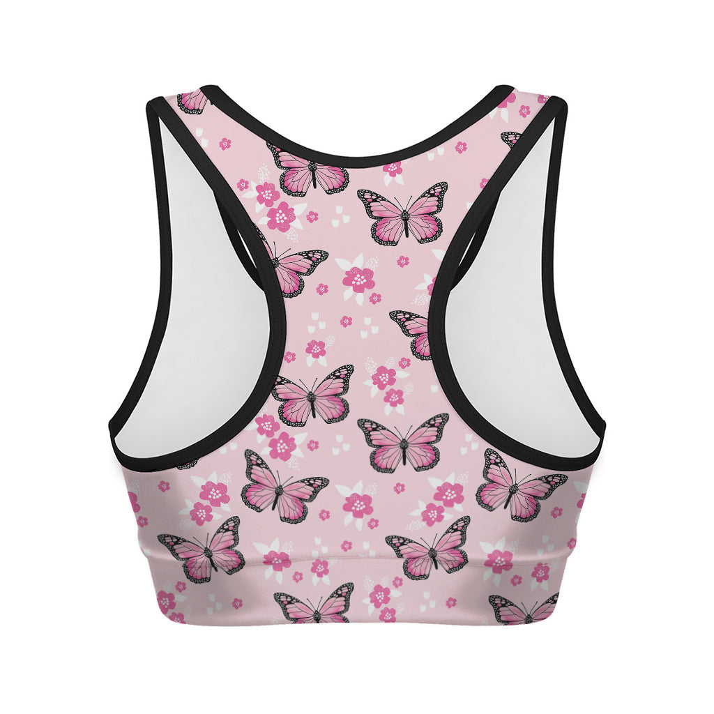 Pink Monarch Butterfly Pattern Print Women's Sports Bra