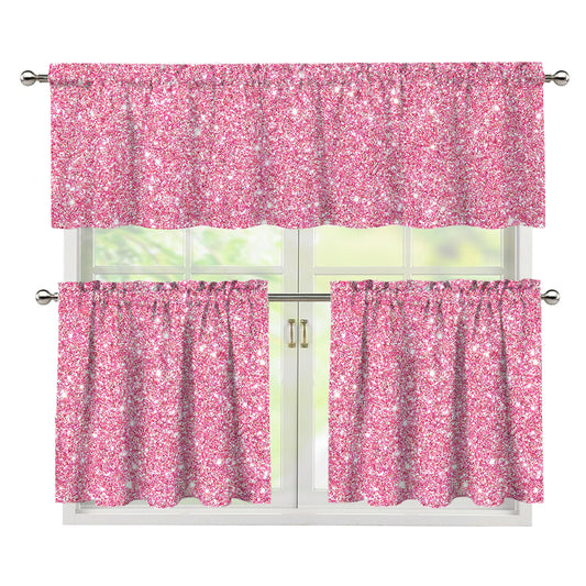 Pink (NOT Real) Glitter Print 3 Piece Kitchen Curtains