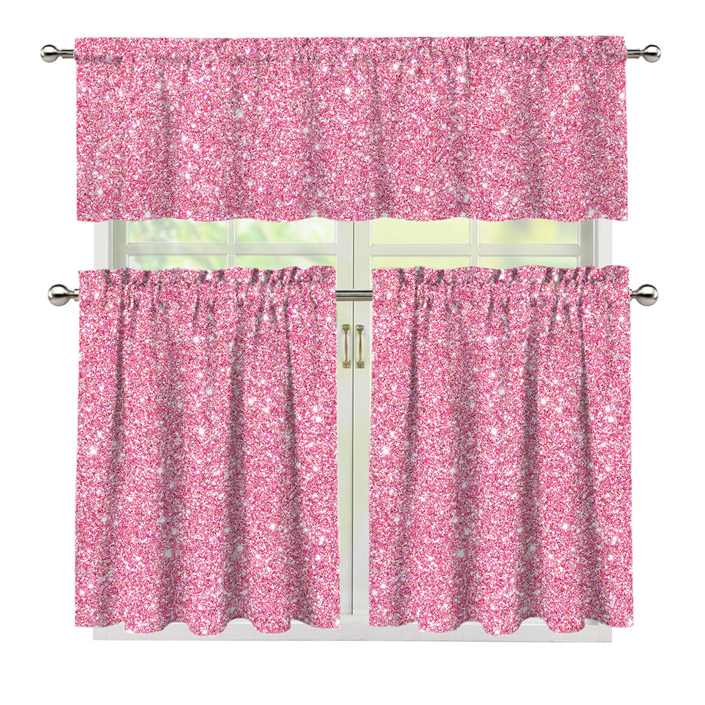 Pink (NOT Real) Glitter Print 3 Piece Kitchen Curtains