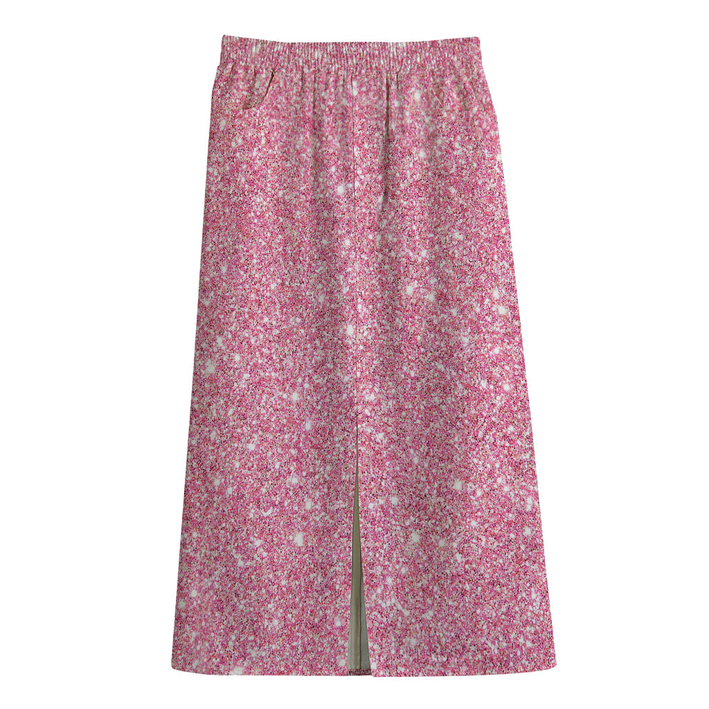 Pink (NOT Real) Glitter Print Cotton Front Slit Maxi Skirt