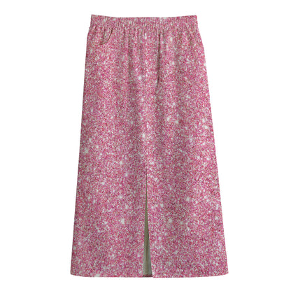 Pink (NOT Real) Glitter Print Cotton Front Slit Maxi Skirt