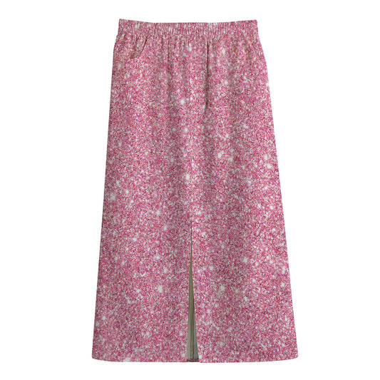 Pink (NOT Real) Glitter Print Cotton Front Slit Maxi Skirt