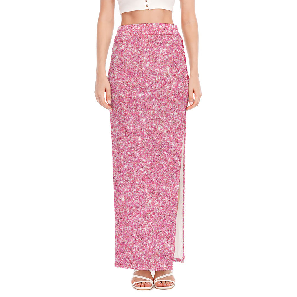 Pink (NOT Real) Glitter Print High Slit Maxi Skirt