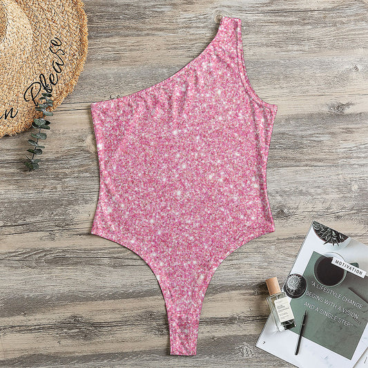 Pink (NOT Real) Glitter Print One Shoulder Bodysuit