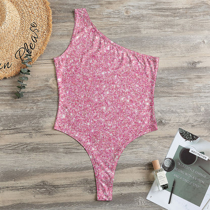 Pink (NOT Real) Glitter Print One Shoulder Bodysuit