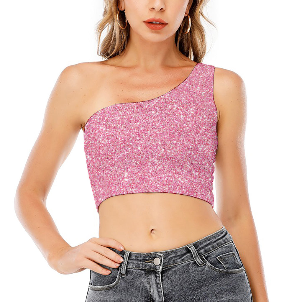 Pink (NOT Real) Glitter Print One Shoulder Crop Top