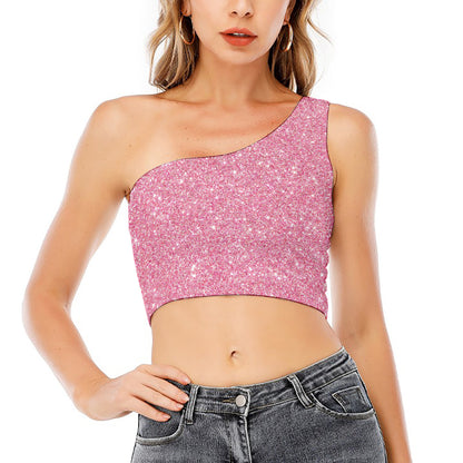 Pink (NOT Real) Glitter Print One Shoulder Crop Top