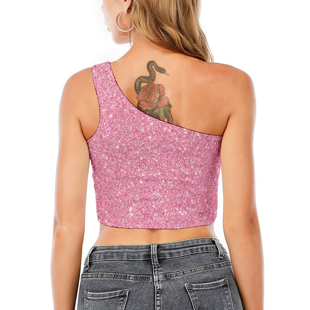 Pink (NOT Real) Glitter Print One Shoulder Crop Top