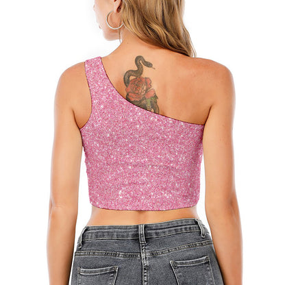 Pink (NOT Real) Glitter Print One Shoulder Crop Top