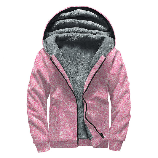 Pink (NOT Real) Glitter Print Sherpa Lined Zip Up Hoodie