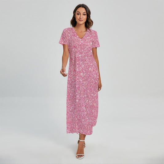 Pink (NOT Real) Glitter Print Short Sleeve Maxi Dress