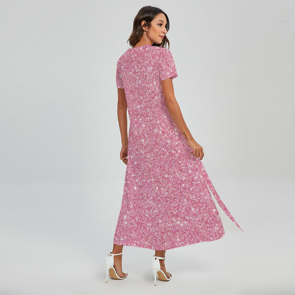 Pink (NOT Real) Glitter Print Short Sleeve Maxi Dress