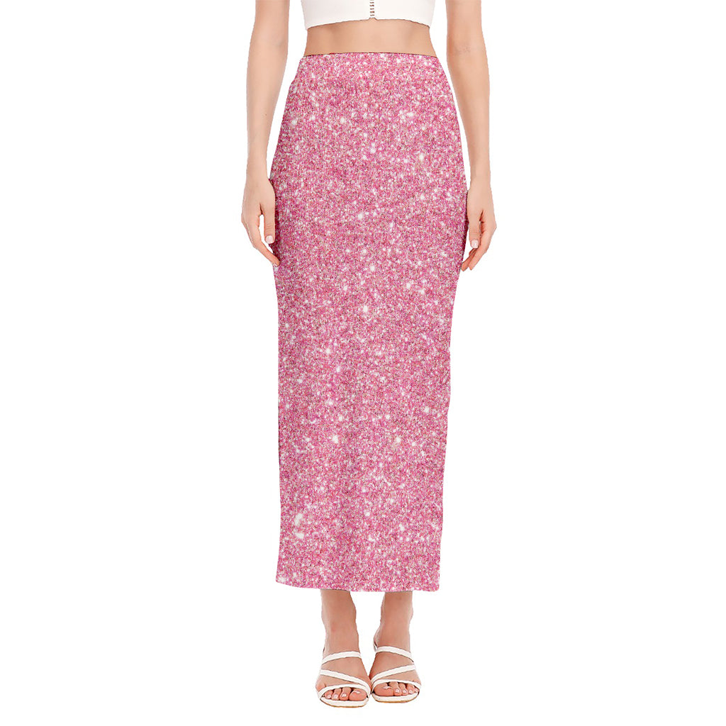 Pink (NOT Real) Glitter Print Side Slit Maxi Skirt