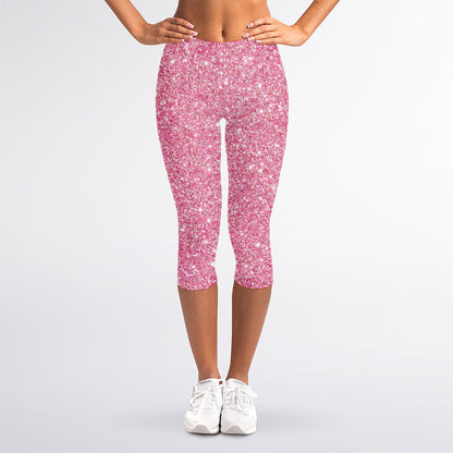 Pink (NOT Real) Glitter Print Women's Capri Leggings