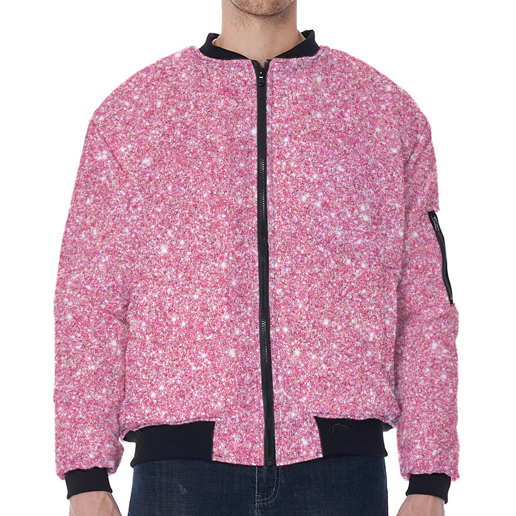 Pink (NOT Real) Glitter Print Zip Sleeve Bomber Jacket