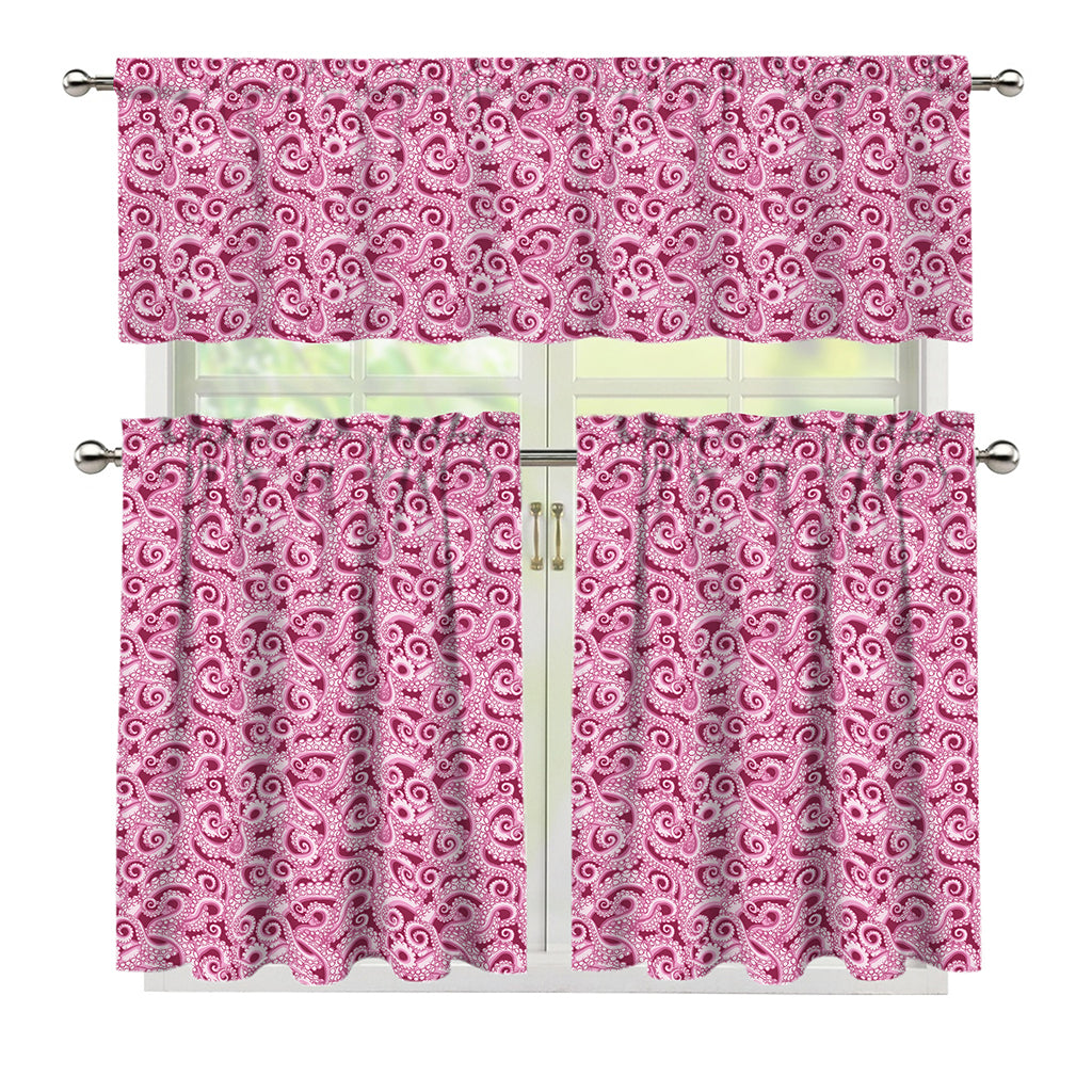 Pink Octopus Tentacles Pattern Print 3 Piece Kitchen Curtains