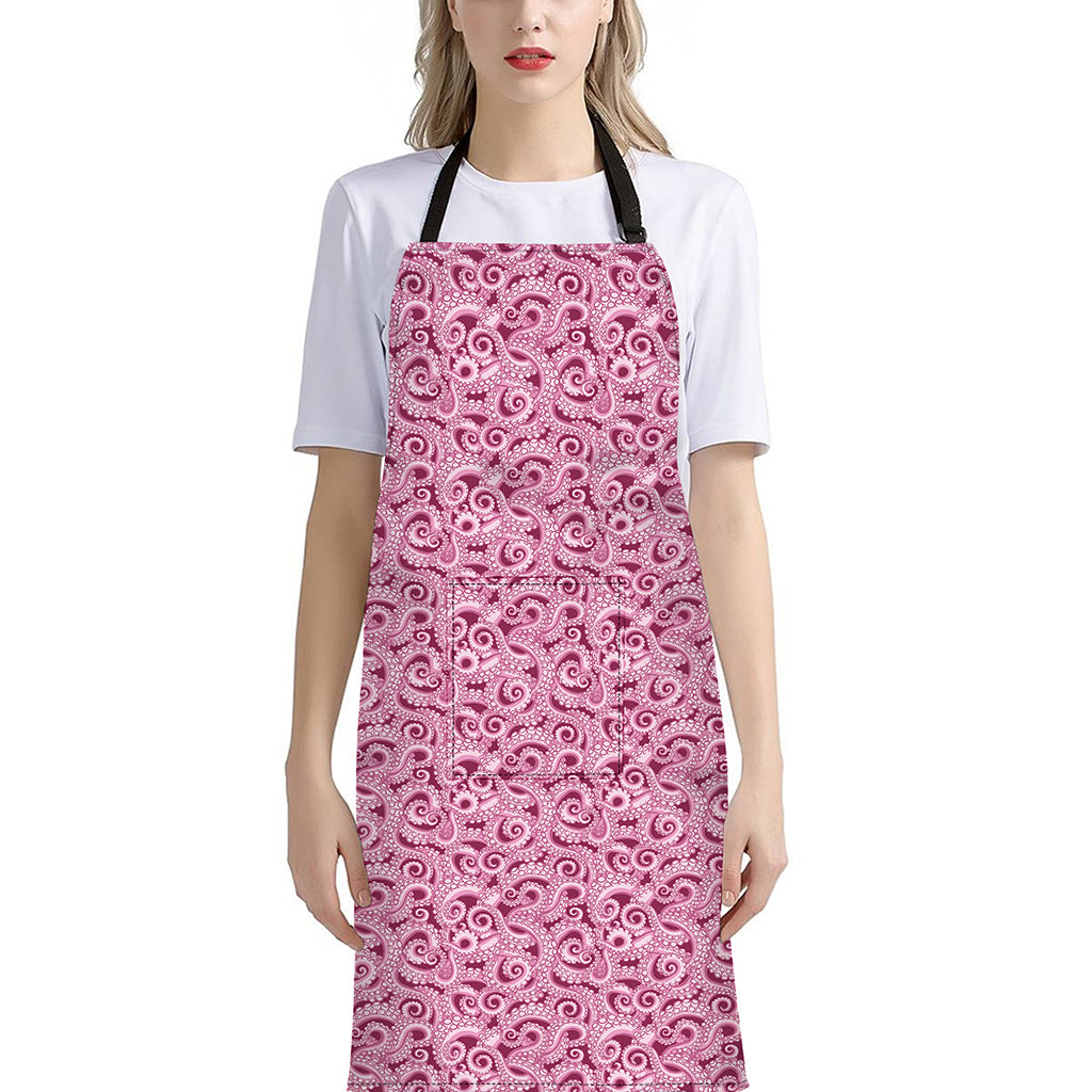Pink Octopus Tentacles Pattern Print Bib Apron With Pocket