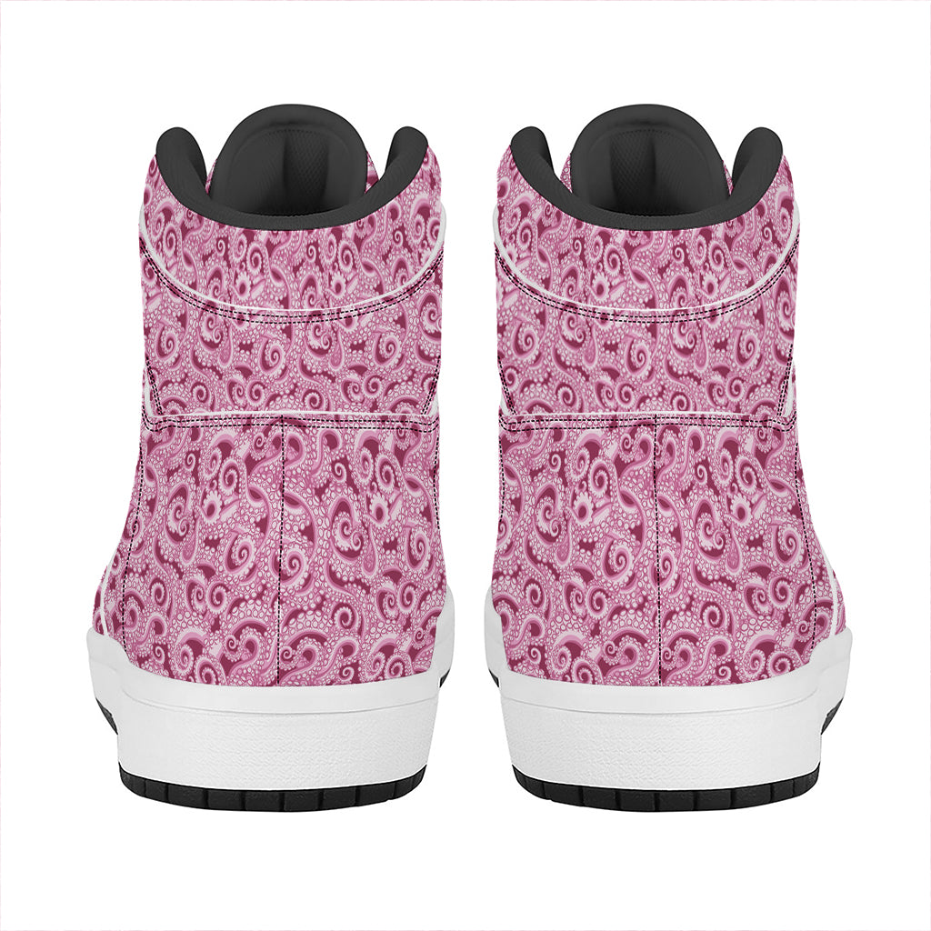Pink Octopus Tentacles Pattern Print High Top Leather Sneakers
