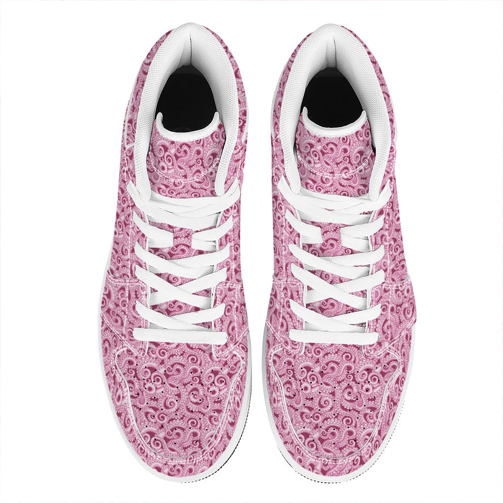 Pink Octopus Tentacles Pattern Print High Top Leather Sneakers