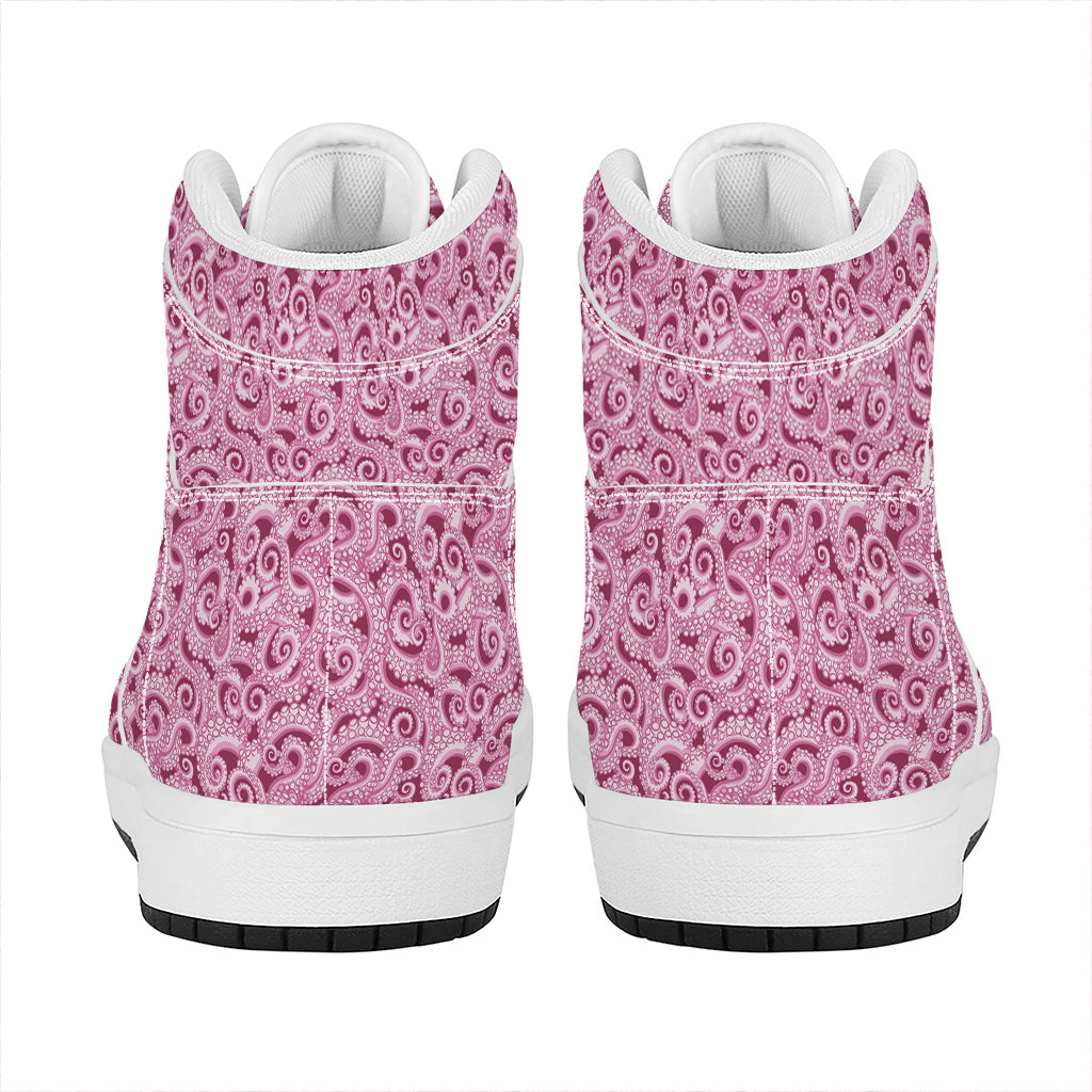 Pink Octopus Tentacles Pattern Print High Top Leather Sneakers