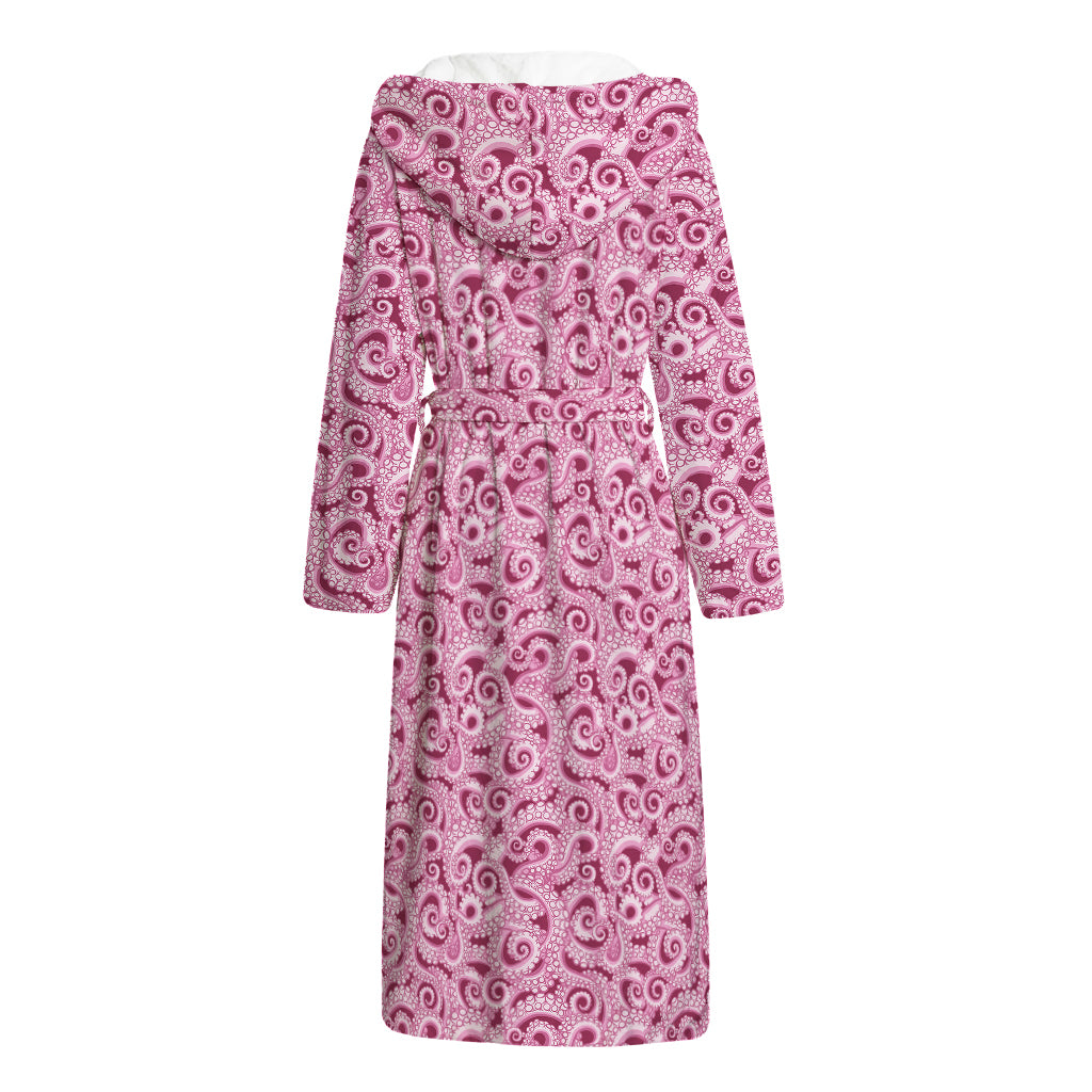 Pink Octopus Tentacles Pattern Print Hooded Bathrobe