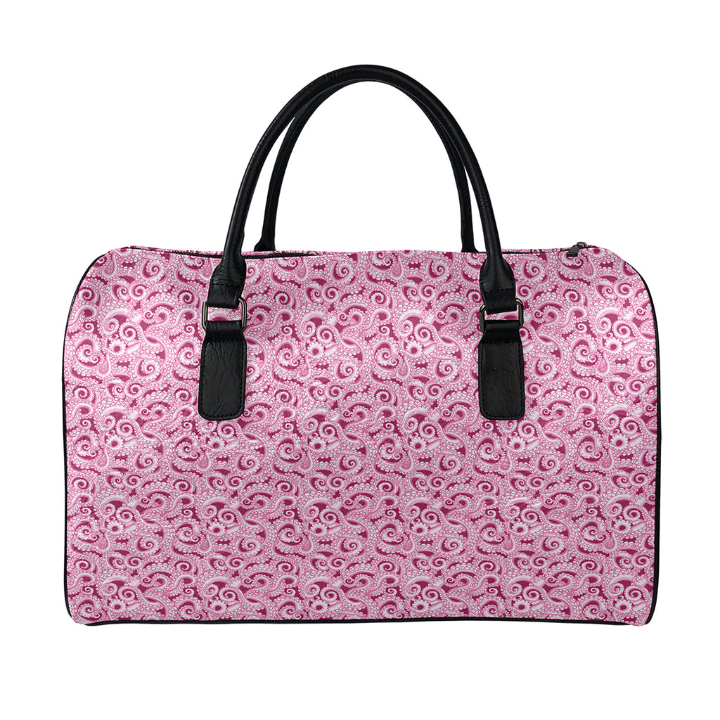 Pink Octopus Tentacles Pattern Print Leather Duffle Bag