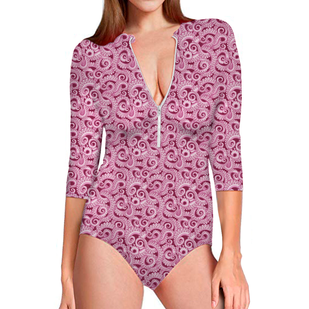 Pink Octopus Tentacles Pattern Print Long Sleeve Swimsuit