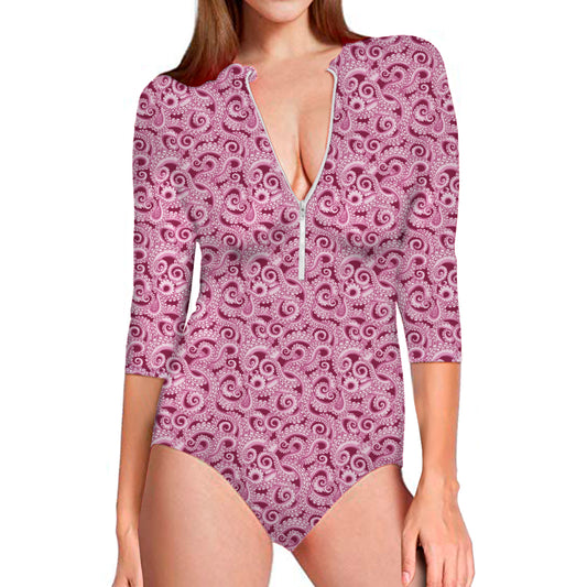 Pink Octopus Tentacles Pattern Print Long Sleeve Swimsuit