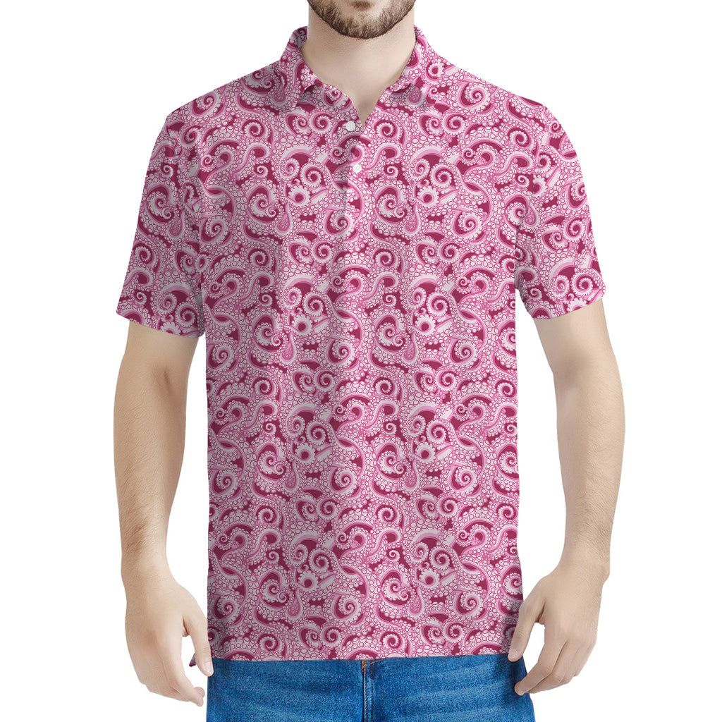 Pink Octopus Tentacles Pattern Print Men's Polo Shirt