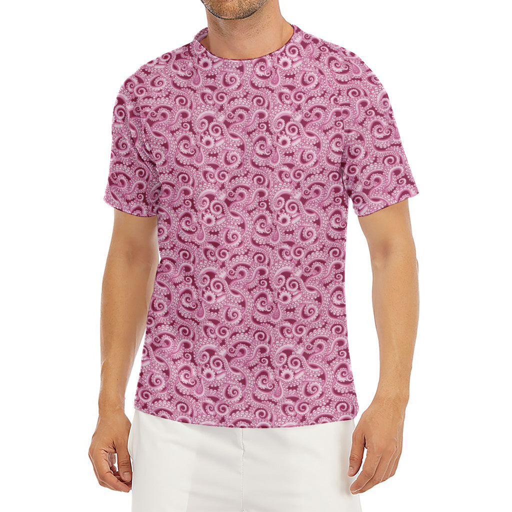 Pink Octopus Tentacles Pattern Print Men's Short Sleeve Rash Guard