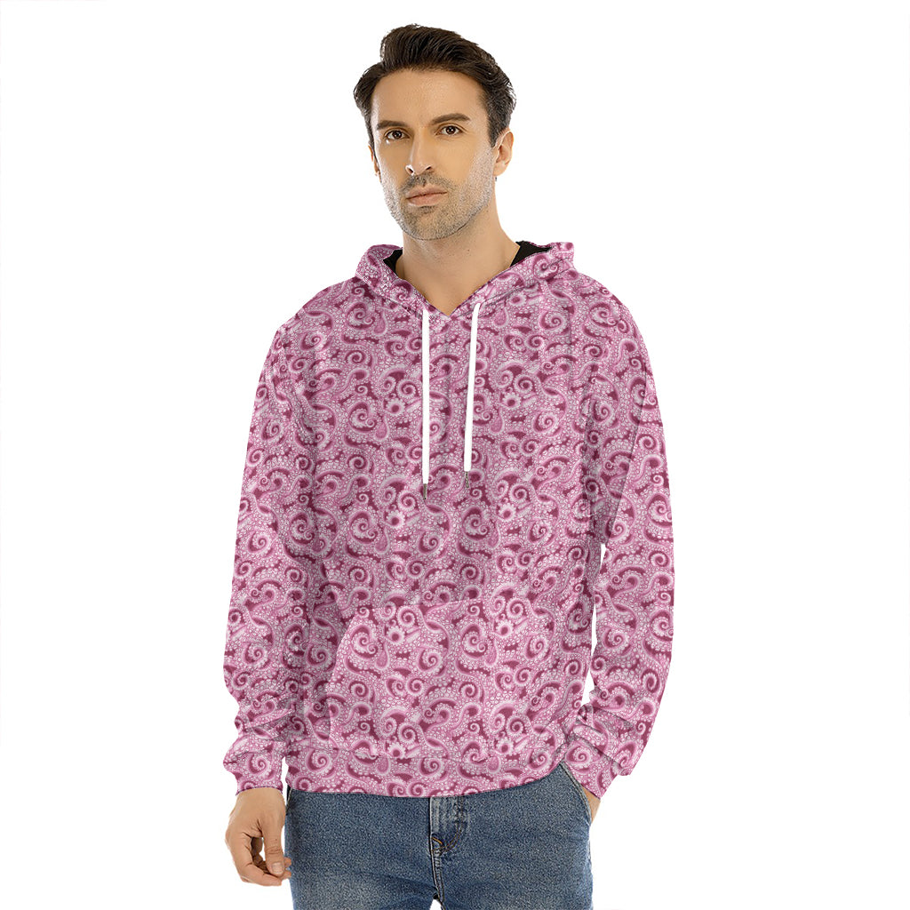 Pink Octopus Tentacles Pattern Print Men's Velvet Pullover Hoodie