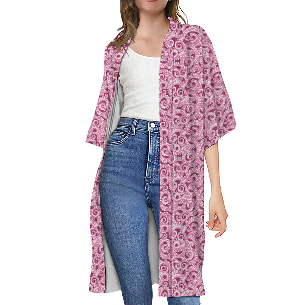 Pink Octopus Tentacles Pattern Print Open Front Beach Cover Up