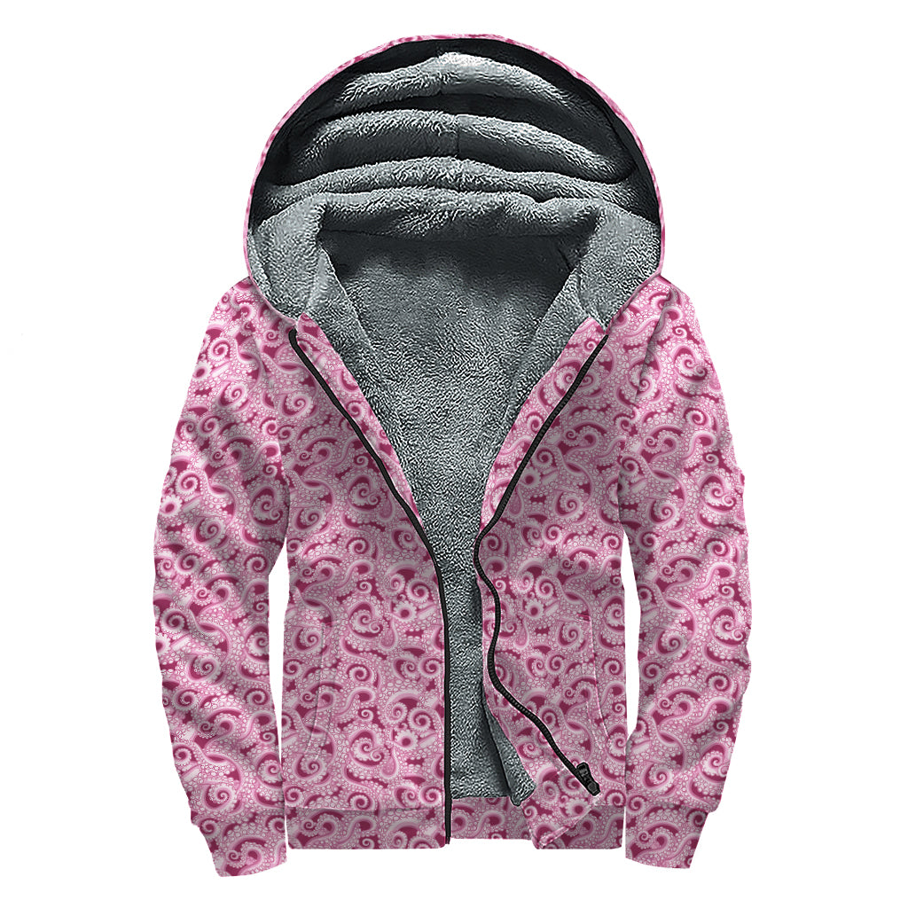 Pink Octopus Tentacles Pattern Print Sherpa Lined Zip Up Hoodie