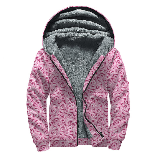 Pink Octopus Tentacles Pattern Print Sherpa Lined Zip Up Hoodie