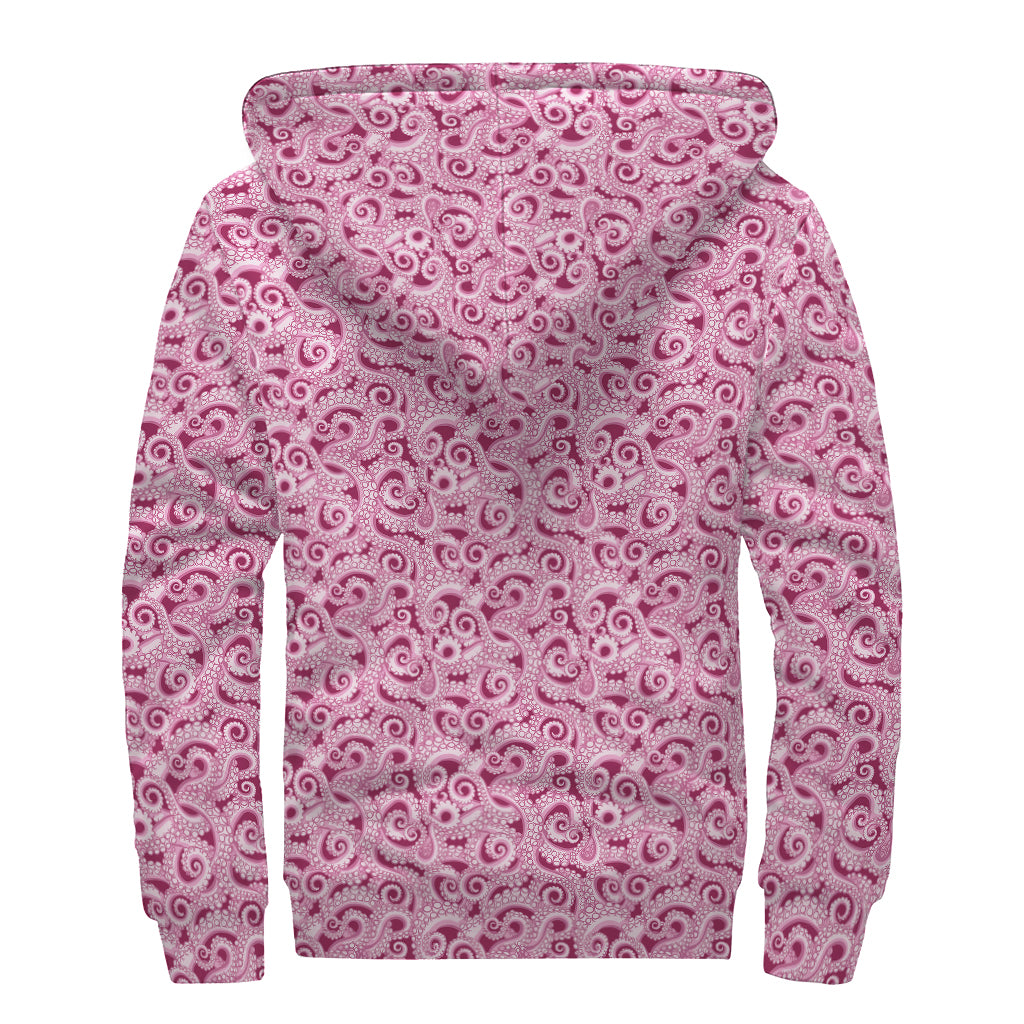 Pink Octopus Tentacles Pattern Print Sherpa Lined Zip Up Hoodie
