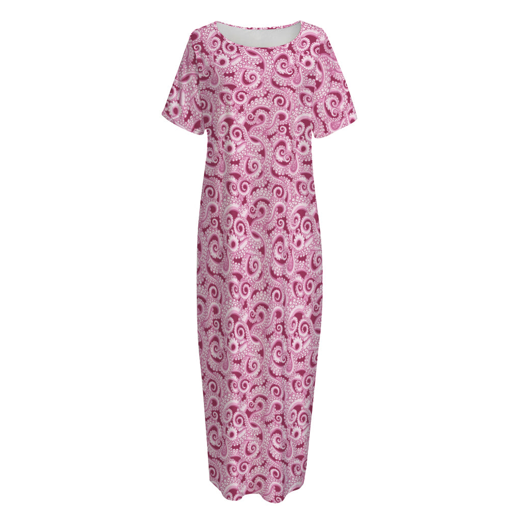 Pink Octopus Tentacles Pattern Print Short Sleeve Long Nightdress