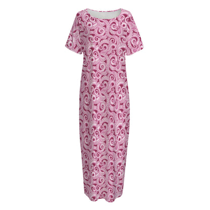 Pink Octopus Tentacles Pattern Print Short Sleeve Long Nightdress