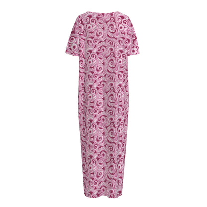 Pink Octopus Tentacles Pattern Print Short Sleeve Long Nightdress