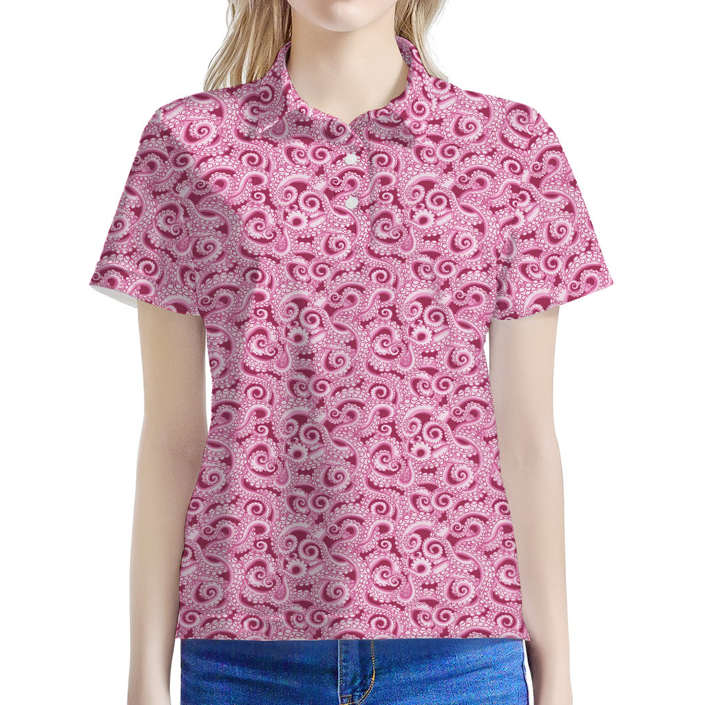 Pink Octopus Tentacles Pattern Print Women's Polo Shirt