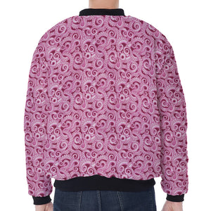 Pink Octopus Tentacles Pattern Print Zip Sleeve Bomber Jacket