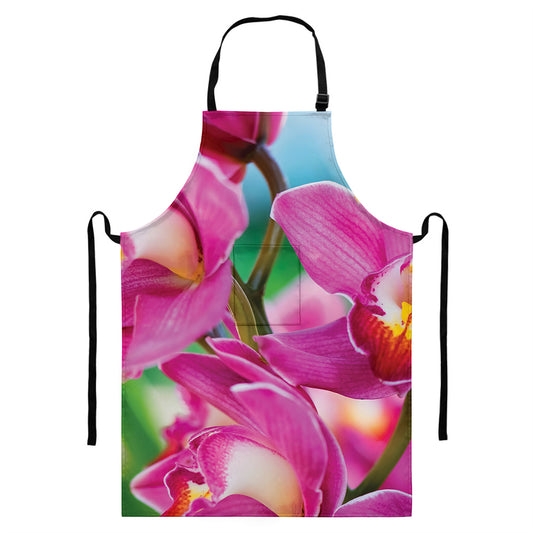 Pink Orchid Flower Print Bib Apron With Pocket