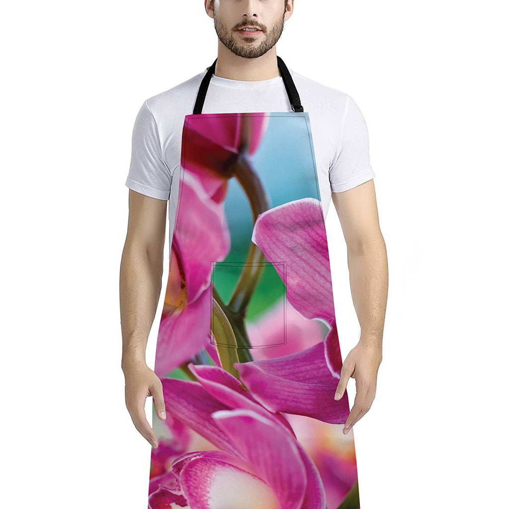 Pink Orchid Flower Print Bib Apron With Pocket