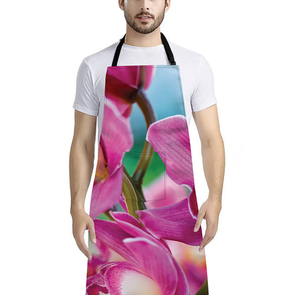 Pink Orchid Flower Print Bib Apron With Pocket