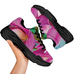 Pink Orchid Flower Print Black Chunky Shoes