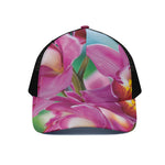 Pink Orchid Flower Print Black Mesh Trucker Cap