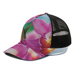 Pink Orchid Flower Print Black Mesh Trucker Cap