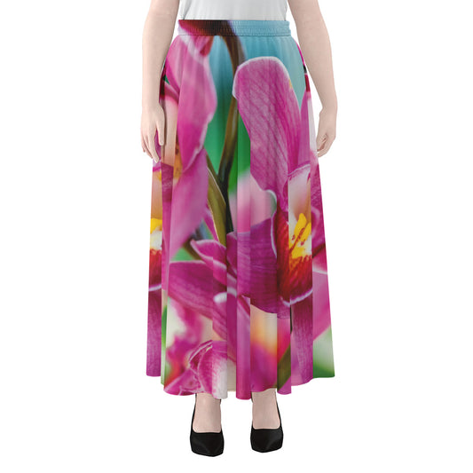 Pink Orchid Flower Print Chiffon Maxi Skirt