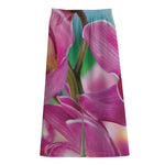 Pink Orchid Flower Print Cotton Front Slit Maxi Skirt